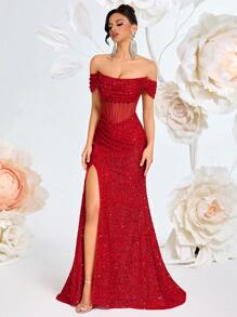 ADYCE 女士露肩亮片长款正式礼服，透视美人鱼高腰开衩露背系带鸡尾酒会晚礼服，新年礼服 - 紅色 - 查看 3