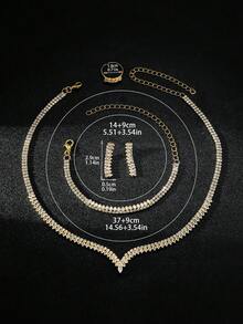 1 套女士时尚珠宝套装，锆石 + 新款方晶锆石项链、耳环、手链、戒指 4 件钻石配饰适合日常佩戴 - 金色 - 查看 5