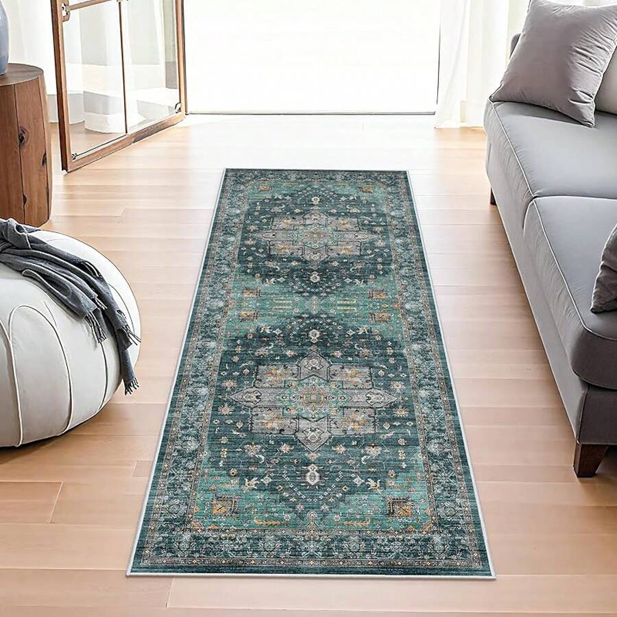 Alfombras de área de 9x12 para sala de estar - Grandes alfombras bohemias resistentes a las manchas con respaldo antideslizante, diseño vintage para dormitorio, beige/marrón, decoración del hogar - Verde azulado - Ver 1
