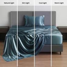 4-Piece Satin Sheet Set Lux Décor Polyester Silky Soft & Breathable – Deep Pocket Fitted Sheet For Home Decor- Graduation Gifts, Home Decor, Sleep Protection For Dorms, Student Beds, Back-To-School Gift, Valentine's Day Bedroom, Spring Bedding Refresh, Guest Room Essentials, Dorm Room Bedding, Premium Bed Linens, Easy Care Sheets, Hypoallergenic Fabric, Year-Round Comfort, Master Bedroom Update, Matching Bedding Set, Hotel Quality Linens, Wrinkle-Free, Cooling Touch, Modern Style - 藏蓝色 - 查看 7