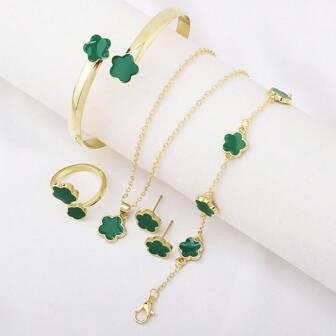1 套时尚经典幸运绿花瓣设计手链项链耳环套装