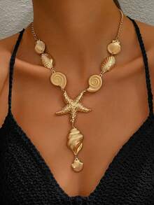1pc Metal Fashion Ocean Series Shell, Seashell, Starfish Pendant Necklace, Suitable For Women Summer Beach Party - Gold - View 1