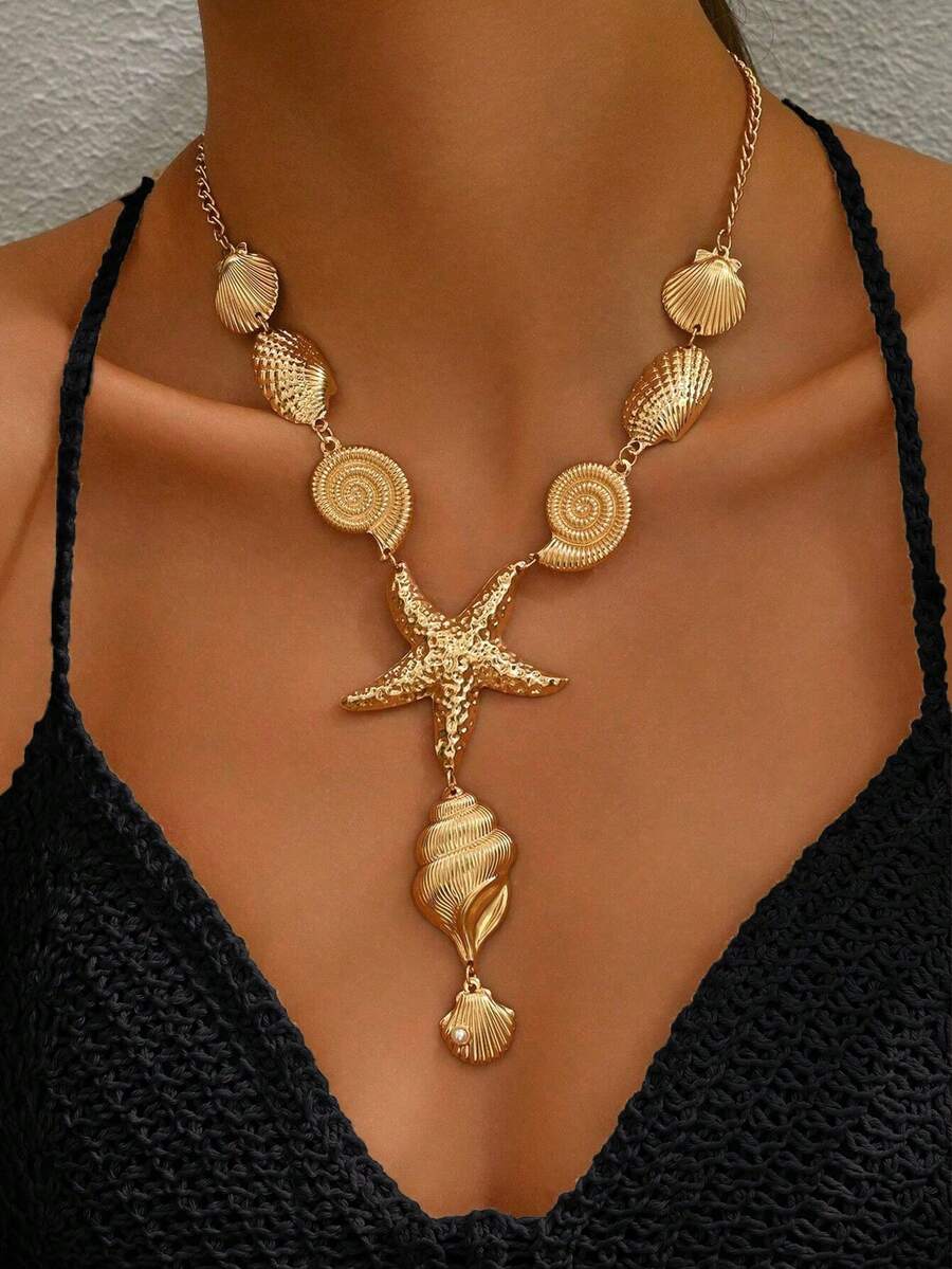 1pc Metal Fashion Ocean Series Shell, Seashell, Starfish Pendant Necklace, Suitable For Women Summer Beach Party - Gold - View 1