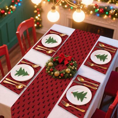 Un conjunto de 4/6 individuales y 1 mantel, decoración de mesa navideña, patrones de árbol de Navidad rojo y negro, tela de lino, adecuado para reuniones familiares interiores y exteriores, decoración de mesa para fiesta de Navidad, con múltiples tamaños a elegir, resistente a la suciedad y el aceite, reutilizable, múltiples tamaños a elegir, decoración del hogar, decoración navideña, suministros para fiestas de Navidad que se pueden regalar.