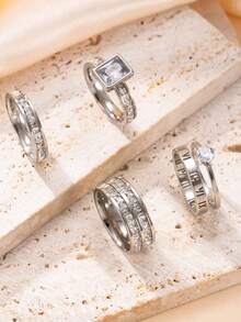 4 件时尚奢华罗马数字和几何水钻不锈钢戒指套装，适合女性日常佩戴 - 戒指套裝 - 查看 12