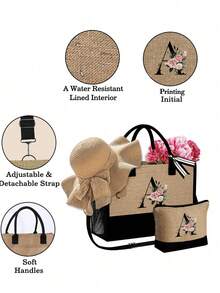 3 件套女士沙滩手提包，带肩带，配有女士沙滩帽和化妆包，字母 A-Z 沙滩配饰包，带侧袋的个性化礼品袋，带围巾的沙滩包，女士卡其色波浪沙滩太阳帽，适合春夏海滩度假和户外婚礼 - 卡其色 - 查看 4