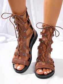 Women's Rhinestone Decor Wedge Sandals, Fashionable Open Toe Hollow Out Back Zipper Shoes, Comfortable Summer Outdoor Sandals - Brown - View 3