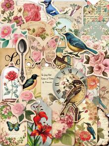 52PCS Vintage Old Newspaper Aesthetic Stickers For Scrapbook Journaling Water Bottles Laptop Scrapbooking Supplies Kit Cottagecore Waterproof Vinyl Junk Journal Stickers For Adults Christmas School Gift Decoration - Pink - View 1
