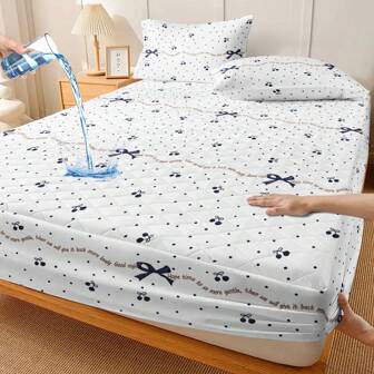1pc Waterproof Bedspread (Mattress Protector), Waterproof Laminated Bedding Printed With Bow And Cherry Pattern, Suitable For Bedroom Modern Minimalist Soft And Comfortable Mattress Cover, Suitable For Family And Friends For Christmas, Weddings, Birthdays, Gifts (Pillowcases Not Included)