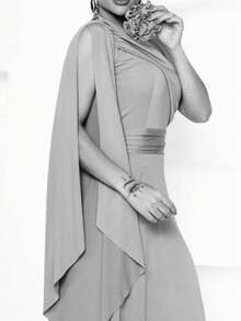 Bridesmaid Dress For Party Guests Reception Graduation Without Shine Cape Sleeve In Fluity Cpom Flower Brooch - Terracotta - View 2