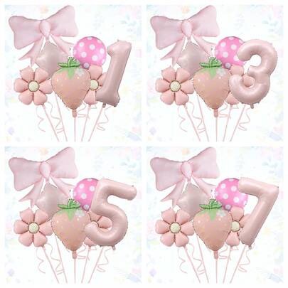 Matte Bow Strawberry Number Balloon Set, Includes Pink Bow, Strawberry Foil Balloons, Pink Polka Dot Round Balloons, Pink Daisy And Star Balloons, With 40-Inch Pink Number, Suitable For Birthday Party, Anniversary Decoration