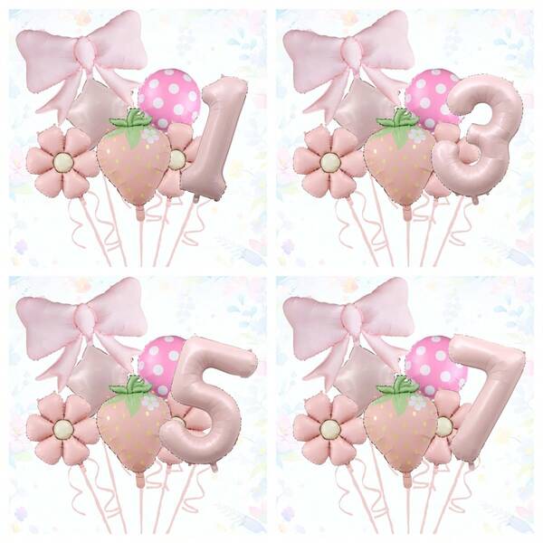 Matte Bow Strawberry Number Balloon Set, Includes Pink Bow, Strawberry Foil Balloons, Pink Polka Dot Round Balloons, Pink Daisy And Star Balloons, With 40-Inch Pink Number, Suitable For Birthday Party, Anniversary Decoration
