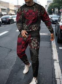 2pcs Men's Printed Long Sleeve Crew Neck Sweatshirt And Sweatpants Casual Suit , Fall Clothes - Multicolor - View 1
