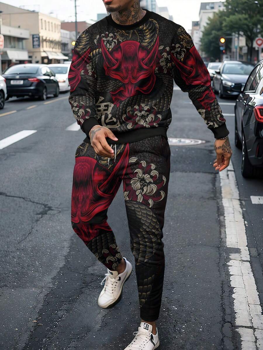 2pcs Men's Printed Long Sleeve Crew Neck Sweatshirt And Sweatpants Casual Suit , Fall Clothes - Multicolor - View 1