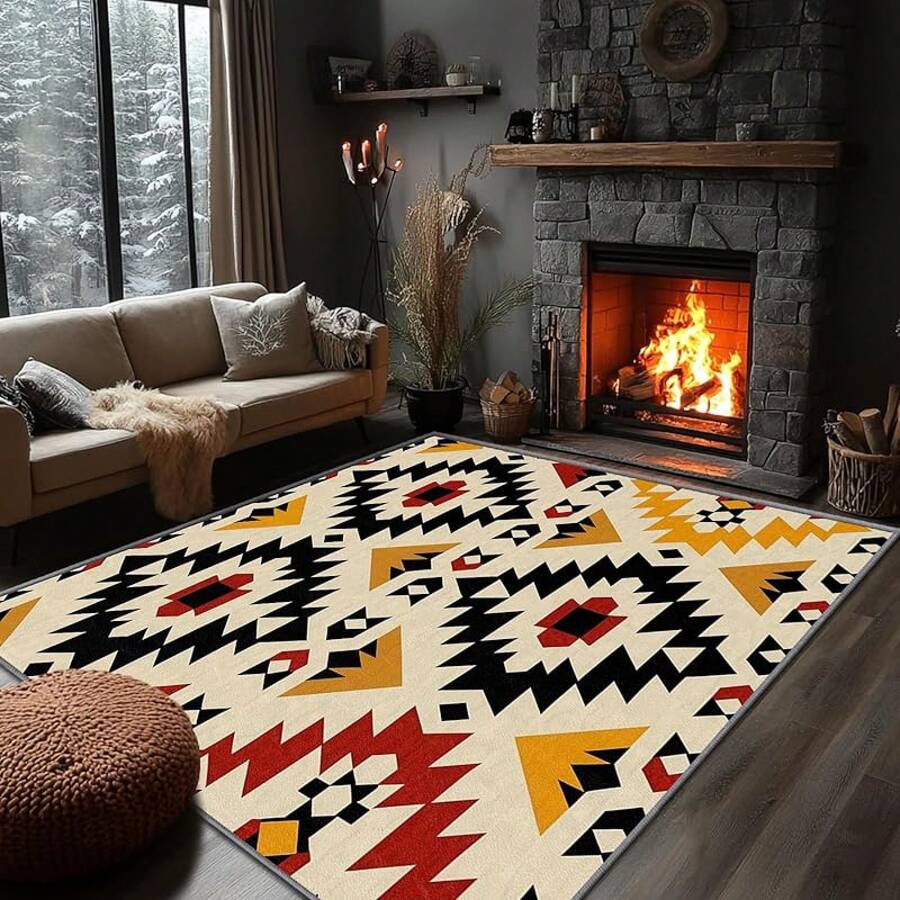 3x5 Rugs, 2x3 Rug, Southwestern Rustic Area Rug, Colorful Geometric Door, Washable & Non - Slip Small Carpet, Home Decor - Đỏ Vàng Be - Xem 1