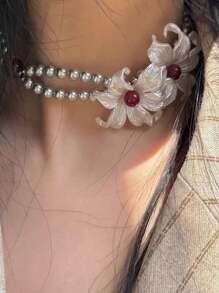 1件CCB夸张小众设计白色大花项链高端感鸢尾花银珍珠双层项链锁骨链男女通用