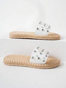 女式加大码白色 EVA 沙滩凉鞋，带水钻和手工串珠装饰，一脚蹬，平底，休闲，轻便，适合夏季海滩、度假、室内、时尚、百搭 - 白色 - 查看 5