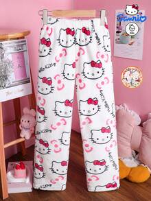 Sanrio Nowe jesienne i zimowe dziewczęce spodnie do spania, autoryzowane przez Sanrio z nadrukiem Hello Kitty i pluszowymi grubymi spodniami do spania, modne, słodkie i urocze, odpowiednie do noszenia w domu i w akademiku