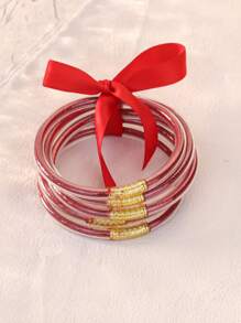 5pcs Cute And Sweet Colorful Glitter Jelly Bangle With Bow Tie, Bracelets Stack Perfect For Party And Daily Use