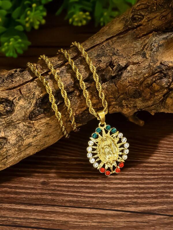 1pc Men's 18K Gold Plated Vintage Luxury Multicolor Religious Style Faux Diamond Virgin Mary Pendant Necklace, Featuring Brilliant Colorful Faux Diamonds Surrounding The Intricate Virgin Mary Statue Pendant, Interpreting The Sacred And Luxurious Style, Suitable For Daily Wear, Religious Festivals, And Fashionable Gatherings