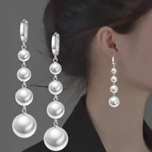 优雅的白色珍珠吊坠铜耳环，配有长流苏，适合旅行、约会、派对、夏季珠宝、西方珠宝、沙滩配饰、舞会、海滩、夏季、珠宝、配饰