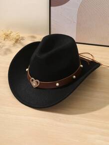 1 Unisex Western Cowboy Hat, Detachable Heart-Shaped Border, Polyester Fiber, Non Elastic, Woven Process, Sun Protection Theme Hat, Feather Free, Hand Washable - Ideal Gift Choice, Suitable For Horseback Riding Sports Travel Bar Parties And Daily Use