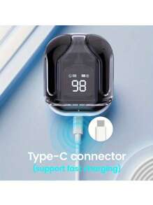 A Pair Of Transparent TWS Wireless Earphones, Stereo Wireless Earphones With LED Battery Display Screen, Type-C Charging Case, Compatible With All Smartphones, Suitable For Gaming, Music, Outdoor Sports/Business, Adult Use, Condenser Microphone, Rechargeable Battery, Polymer Lithium-Ion