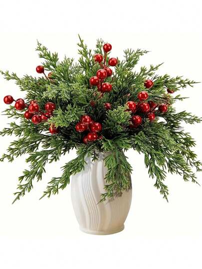 30pcs Christmas Artificial Pine Branches With Red Berries, 10.5 Inch Imitation Norfolk Pine Needles, Suitable For DIY Crafts, Wreaths, Home Decor And Christmas Tree Ornaments, Tabletop Plastic Greenery For Seasonal Fall And Winter Holiday Arrangements, Christmas Party Decorations, Seasonal Decor