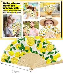 1pc Lemon Print Folding Fan, Spanish Wooden Fan, Portable Folding Fabric Lemon Bamboo Fan, Theme Party Decor Hand Fan, For Vacation/Theme Party, Bridal Shower, Wedding, Bridesmaid Gift, Halloween Costume Woman Accessories - Multicolor - View 7