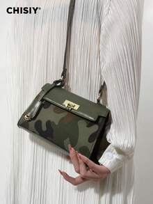 CHISIY 1pc Fashion Camouflage Avant-Garde Style Handbag, Green PU With Brown & Dark Green Color Blocking, Suitable For Business, Casual, Front Twist Lock, With Shoulder Strap, Crossbody Bag, Lightweight & Durable, Retro Charm, Elegant & Unique Style For Women, Versatile For Any Occasion