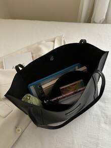 2pcs Women's Solid Color Embroidered Thread Fashion Large Capacity Shoulder Tote Bag With Snap Closure - Black - View 6