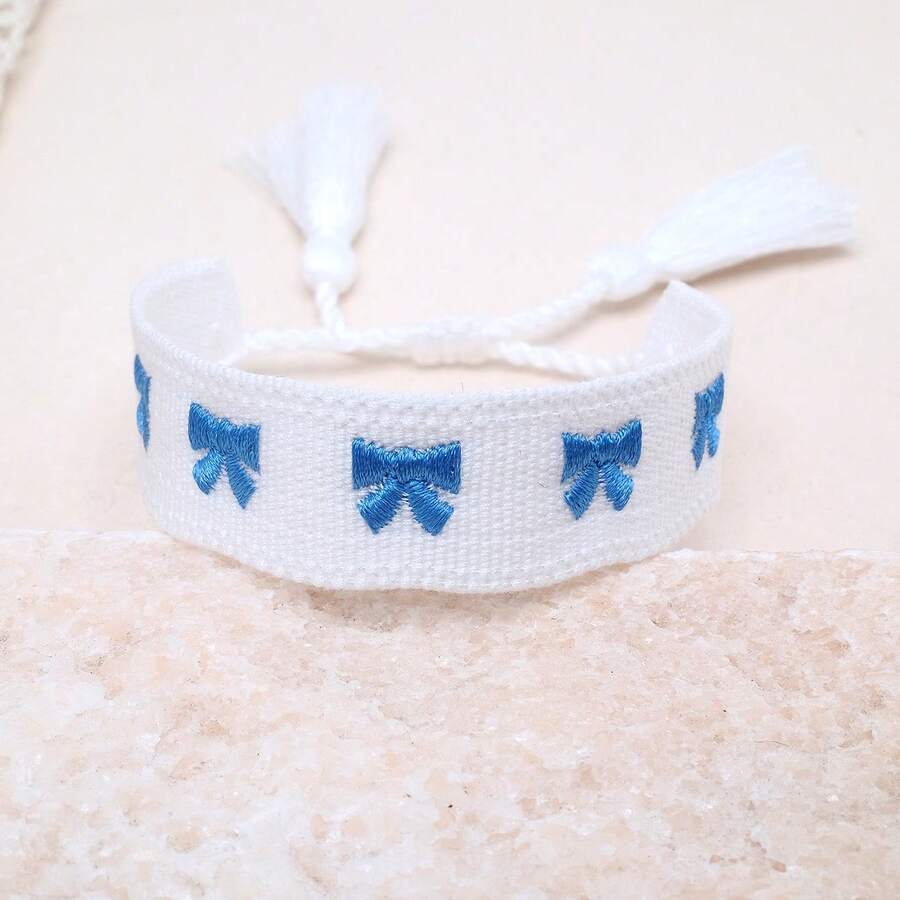 1pc Embroidered Bow Handmade Braided Bohemian Fashion Bracelet, Suitable As Gift For Family, Friends, Students, Party, Travel, Daily Wear - White B - View 1