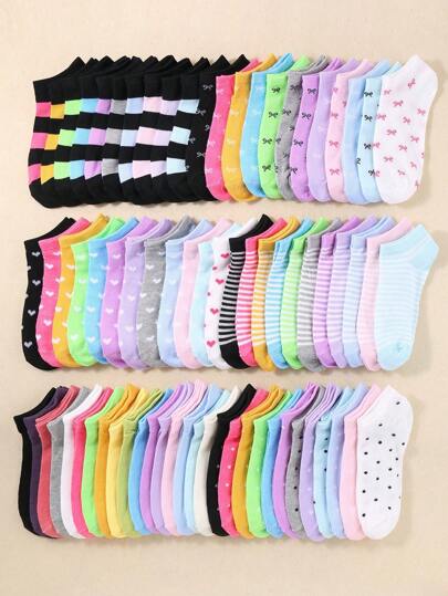 20pairs Children's Short Socks: Candy-Colored, Lace Bowknot, Heart Pattern, Striped, Soft, Comfortable, Casual, All-Match, Student Ankle Socks - Suitable For Daily Use, Random Mixed Colours
