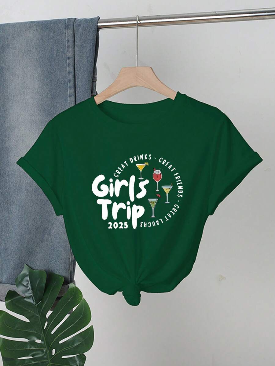 Casual Beverage Letter Print Round Neck Short Sleeve T-Shirt