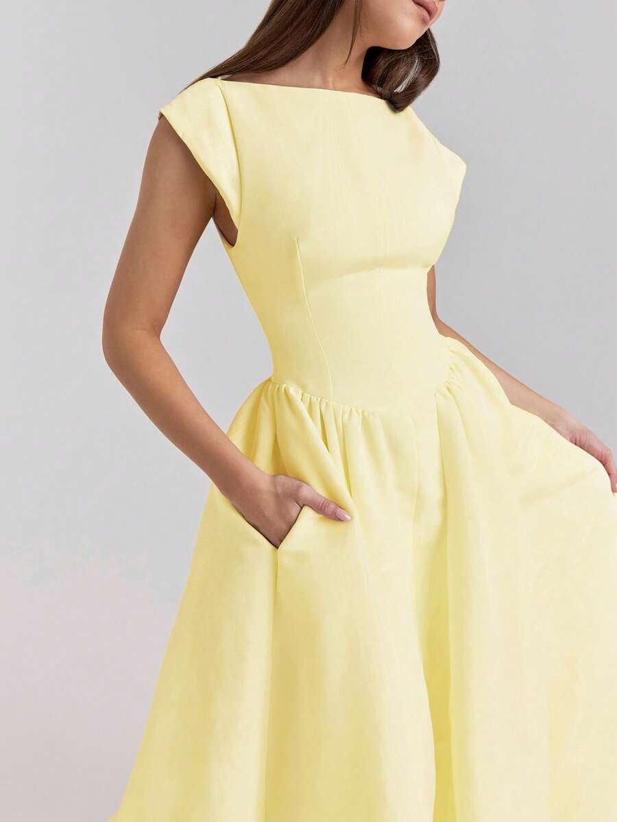 欧美春夏露背圆领无袖黄色连衣裙优雅大方法式小众长款派对礼服白色毕业女酒会聚会连衣裙