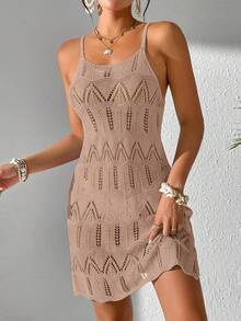 Women's Summer Boho Holiday Beach Vacation Outfits Contrast Color Patchwork Hollow Out Knit Slip Dress