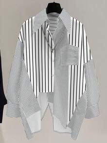 Casual Women Striped Contrast Color Drop Shoulder Long Sleeve Button Lapel Pocket Asymmetric/Asymmetrical Design Back Slit Loose Casual Shirt With Stylish Design, Suitable For Daily Casual And Commuting Wear - Multicolor - View 3