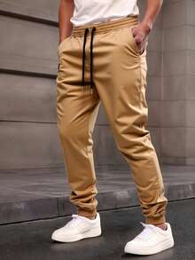 1/2pzs Pantalones holgados y estrechos con cordón y bolsillo de unicolor para hombre, pantalones cargo estrechos para vacaciones largas, regalo para esposo o novio - 2 piezas - Ver 4