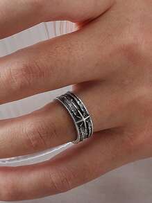 1pc Vintage Starry Night Men's Adjustable Open Ring, Silver Punk Gothic Style Handmade Neutral Jewelry Gift