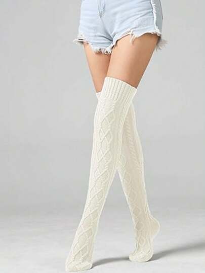 1 Pair Solid Color Thigh High Socks, Over-The-Knee Socks, Fleece Lined Thick Warm Stockings For Women, Suitable For Autumn/Winter, Holidays And Parties