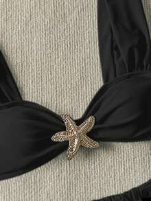 Women's Bikini Set, Basic European Style Sports Cropped Tankini Swimsuit Set, Starfish Decor Holiday Swimwear - Black - View 7
