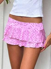 Layered Ruffle Mini Skirt For Women Summer Y2K Dots/Stripe/Heart Print/Solid Color Low Rise A-Line Tiered Short Skirts Party Club Beach Boho Skater Skirts - 淡紫色 - 查看 1