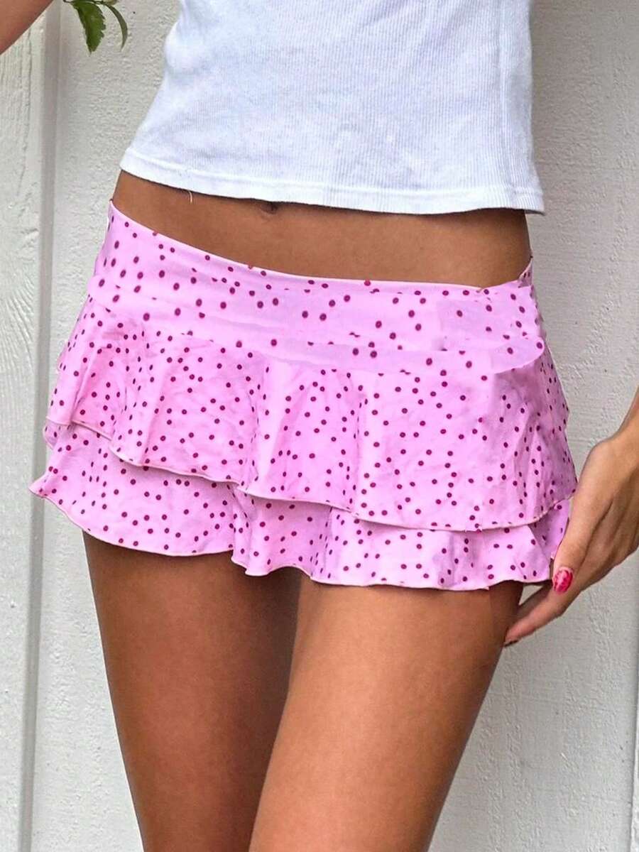 Layered Ruffle Mini Skirt For Women Summer Y2K Dots/Stripe/Heart Print/Solid Color Low Rise A-Line Tiered Short Skirts Party Club Beach Boho Skater Skirts - 淡紫色 - 查看 1