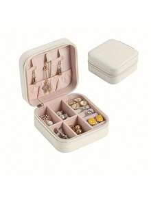 1 pieza Caja de almacenamiento de joyas de gran capacidad, caja de joyas de viaje, caja de almacenamiento de múltiples compartimentos, adecuada para collares, anillos, aretes, pulseras, materiales de PU, esencial para la temporada de regreso a clases y regalos navideños. - multicolor - Ver 12