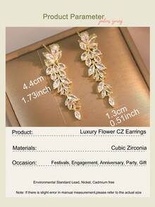 1 对优雅叶花 CZ 女士长款婚礼耳环，带 AAA 方晶锆石吊坠耳环珠宝 - 金黃色 - 查看 3