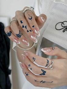 6片装半永久性手指纹身贴纸，简约优雅的蝴蝶、星星月亮、爱心、花朵等多种元素图案，适合作为嘉年华、情人节派对礼物。可用于DIY，贴在手指、耳后、肩膀、脖子、锁骨等部位。采用天然植物成分制成，可维持1-2周不褪色、不反光、防水且逼真。 - 藍色 - 查看 4