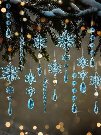 5pcs Blue Crystal Ornaments Christmas Tree Decorations,Acrylic Christmas Ornaments Snowflake Icicle Drop Crystal Hanging Ornaments For Tree Decorations,Acrylic Snowflake Icicle Ornaments With Drop Pendants,Winter Wonderland Chandelier Crystals Decorations Supplies, Xmas Tree Winter Party Supplies, Christmas
