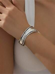 1pc Vintage Silver-Color Wide Oversized Chunky Metal Bracelet - Antique Silver - View 7
