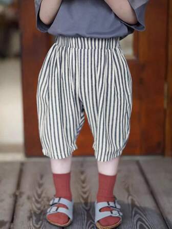 Young Boy 3/4 Shorts, Summer Thin Striped Casual Knee-Length Pants For Little Boys