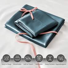 4-Piece Satin Sheet Set Lux Décor Polyester Silky Soft & Breathable – Deep Pocket Fitted Sheet For Home Decor- Graduation Gifts, Home Decor, Sleep Protection For Dorms, Student Beds, Back-To-School Gift, Valentine's Day Bedroom, Spring Bedding Refresh, Guest Room Essentials, Dorm Room Bedding, Premium Bed Linens, Easy Care Sheets, Hypoallergenic Fabric, Year-Round Comfort, Master Bedroom Update, Matching Bedding Set, Hotel Quality Linens, Wrinkle-Free, Cooling Touch, Modern Style - 藏蓝色 - 查看 5